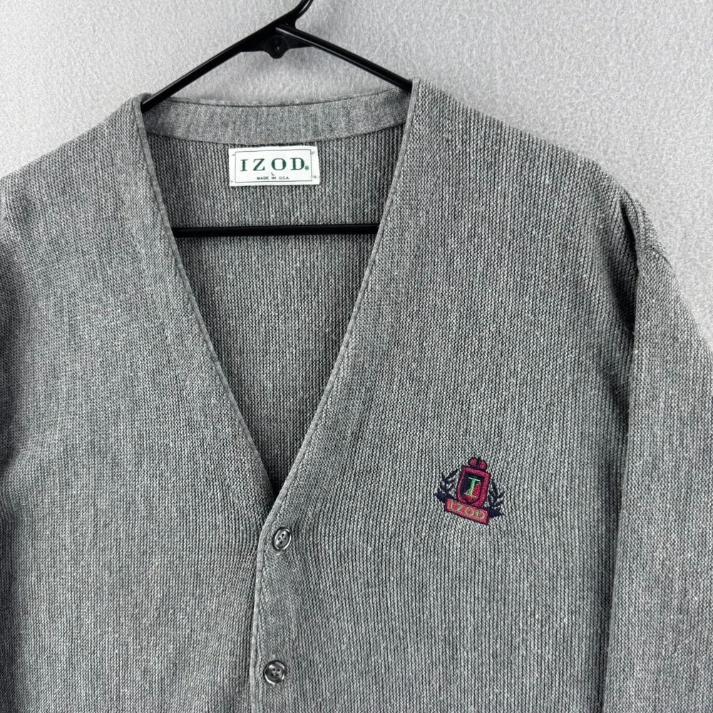 Vintage Izod Cardigan Sweater Mens Large Gray Acrylic Button Up 80s Made in USA